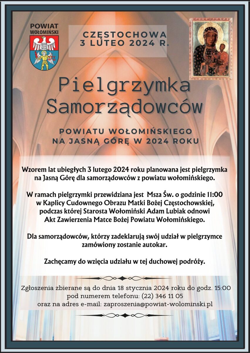 Pielgrzymka Samorządowców Powiatu Wołomińskiego na Jasną Górę w 2023 roku